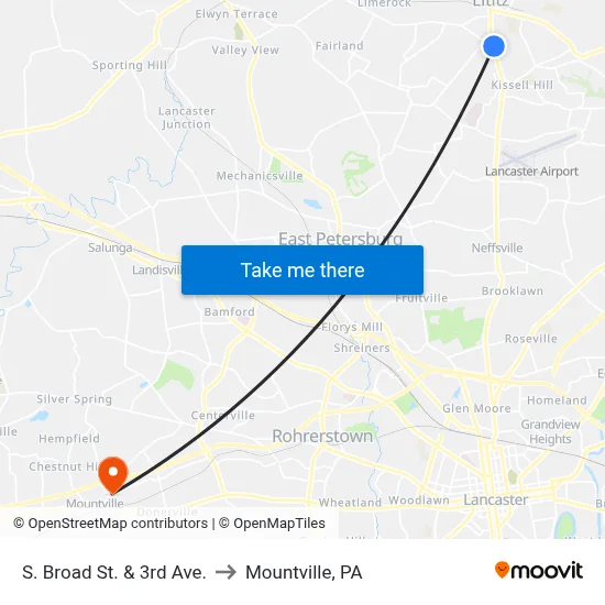 S. Broad St. & 3rd Ave. to Mountville, PA map
