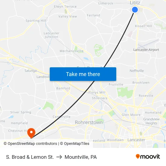 S. Broad & Lemon St. to Mountville, PA map