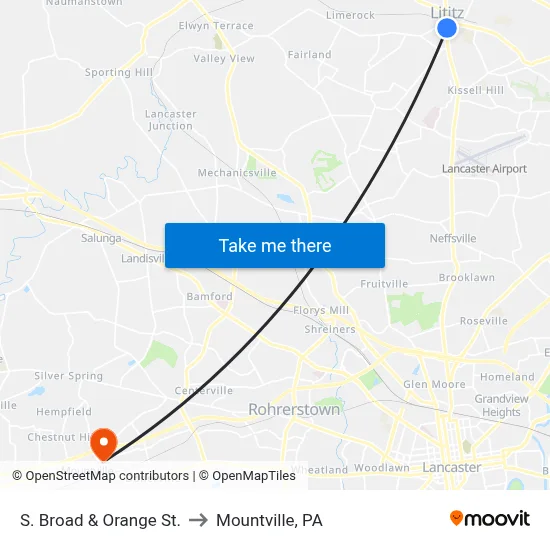 S. Broad & Orange St. to Mountville, PA map