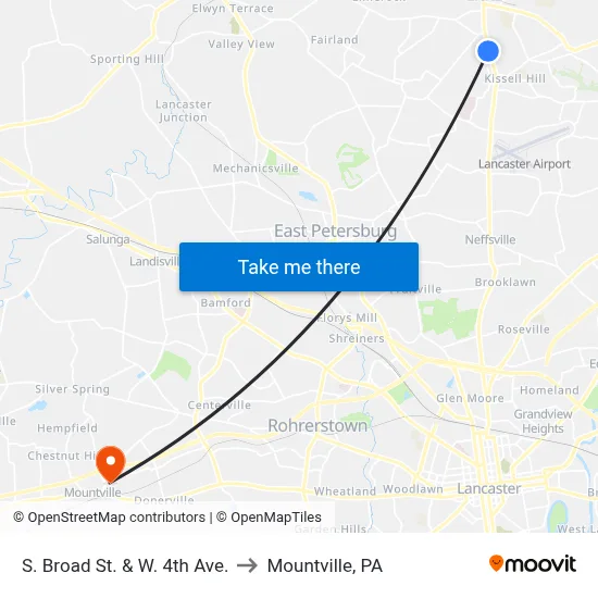 S. Broad St. & W. 4th Ave. to Mountville, PA map