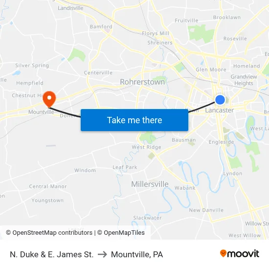 N. Duke & E. James St. to Mountville, PA map