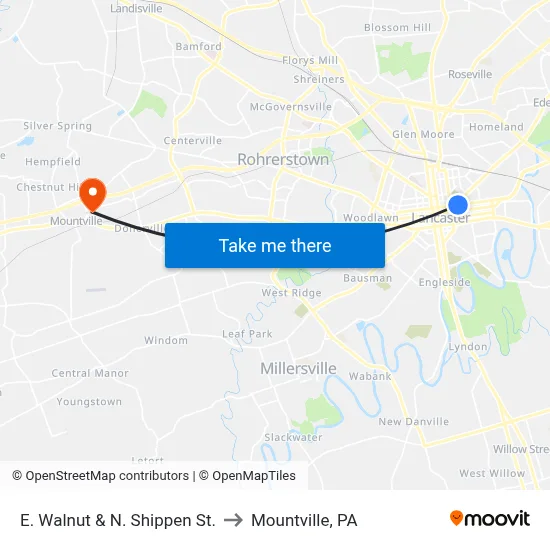 E. Walnut & N. Shippen St. to Mountville, PA map