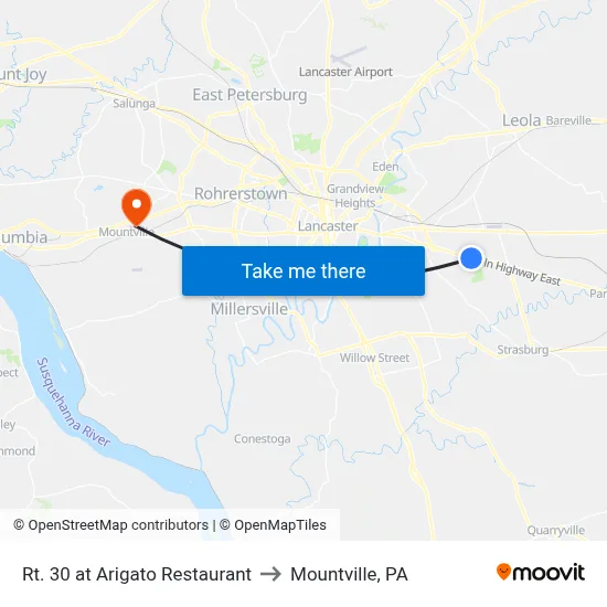 Rt. 30 at Arigato Restaurant to Mountville, PA map