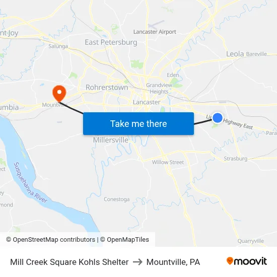 Mill Creek Square Kohls Shelter to Mountville, PA map