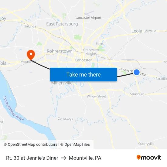 Rt. 30 at Jennie's Diner to Mountville, PA map