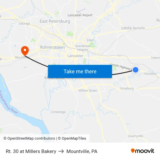 Rt. 30 at Millers Bakery to Mountville, PA map