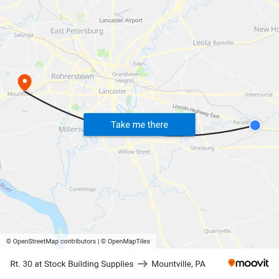 Rt. 30 at Stock Building Supplies to Mountville, PA map