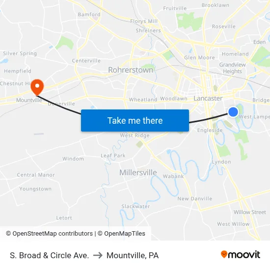 S. Broad & Circle Ave. to Mountville, PA map