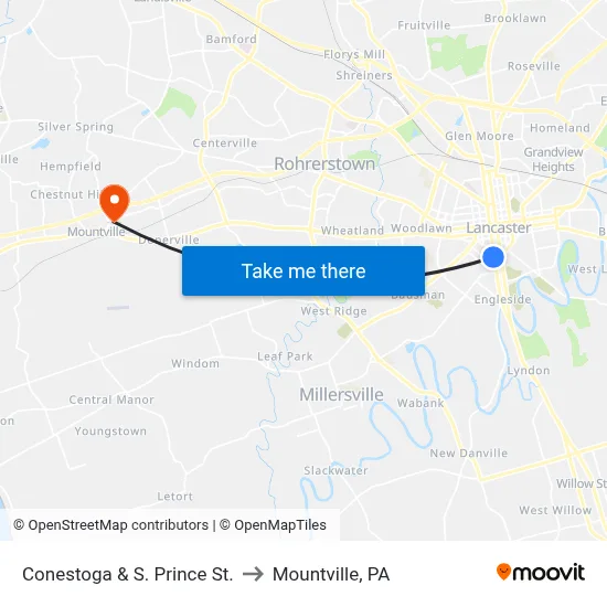 Conestoga & S. Prince St. to Mountville, PA map