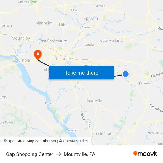 Gap Shopping Center to Mountville, PA map
