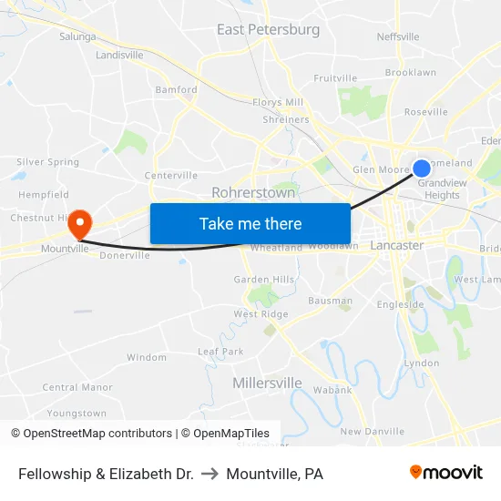 Fellowship & Elizabeth Dr. to Mountville, PA map