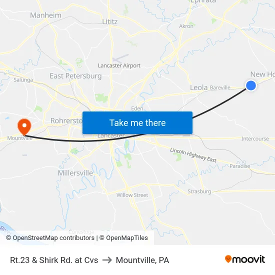 Rt.23 & Shirk Rd. at Cvs to Mountville, PA map
