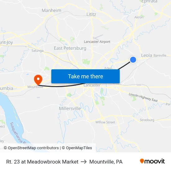 Rt. 23 at Meadowbrook Market to Mountville, PA map