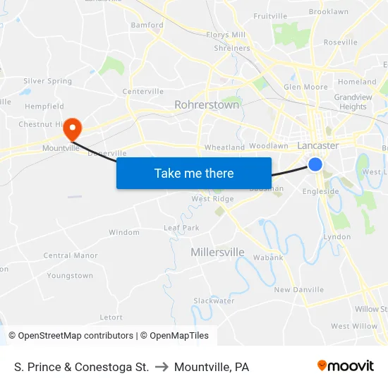 S. Prince & Conestoga St. to Mountville, PA map