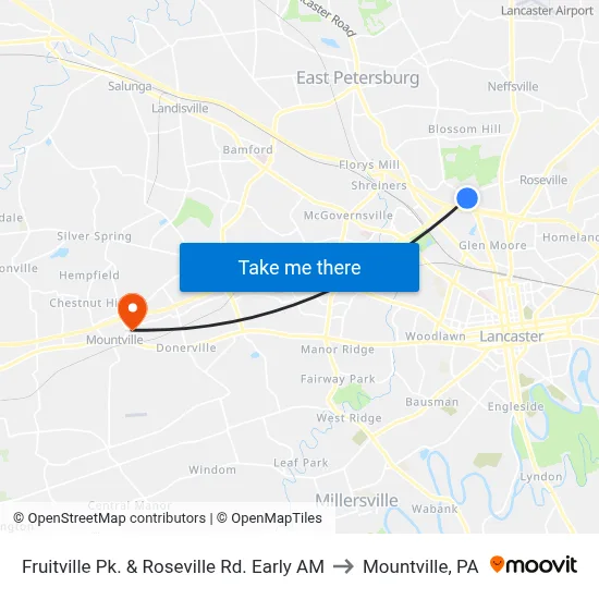 Fruitville Pk. & Roseville Rd. Early AM to Mountville, PA map