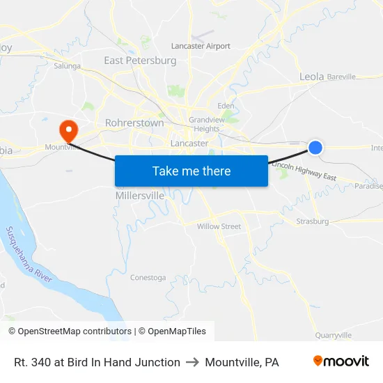 Rt. 340 at Bird In Hand Junction to Mountville, PA map