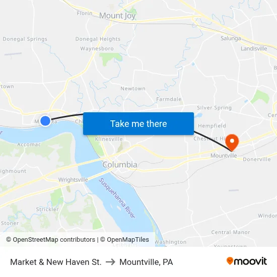 Market & New Haven St. to Mountville, PA map
