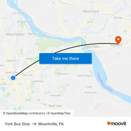 York Bus Stop to Mountville, PA map