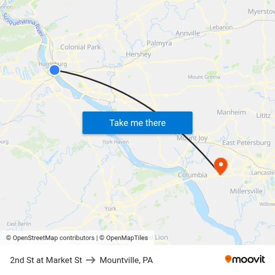 2nd St at Market St to Mountville, PA map