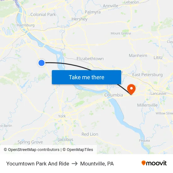 Yocumtown Park And Ride to Mountville, PA map