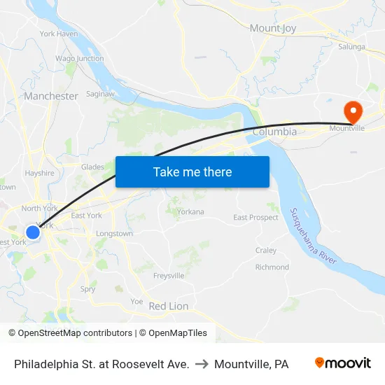 Philadelphia St. at Roosevelt Ave. to Mountville, PA map