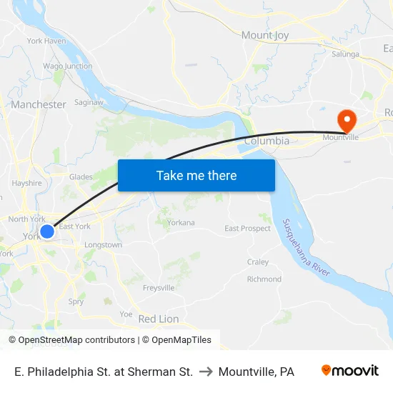 E. Philadelphia St. at Sherman St. to Mountville, PA map