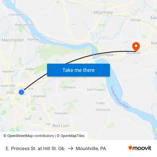 E. Princess St. at Hill St. Ob. to Mountville, PA map