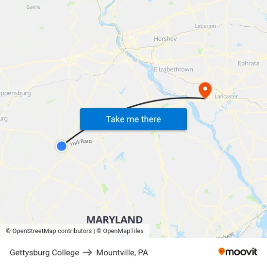 Gettysburg College to Mountville, PA map