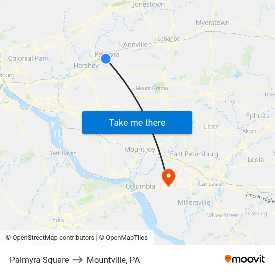 Palmyra Square to Mountville, PA map