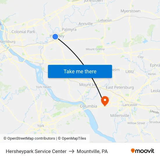 Hersheypark Service Center to Mountville, PA map