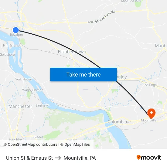 Union St & Emaus St to Mountville, PA map