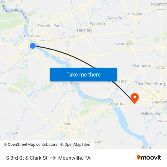 S 3rd St & Clark St to Mountville, PA map