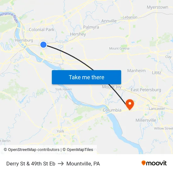 Derry St & 49th St Eb to Mountville, PA map