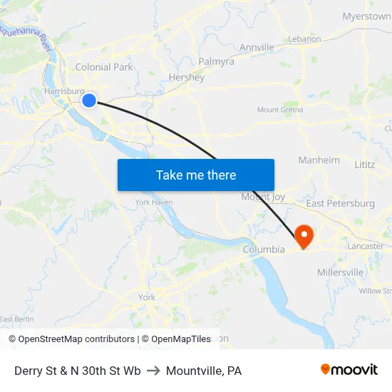 Derry St & N 30th St Wb to Mountville, PA map