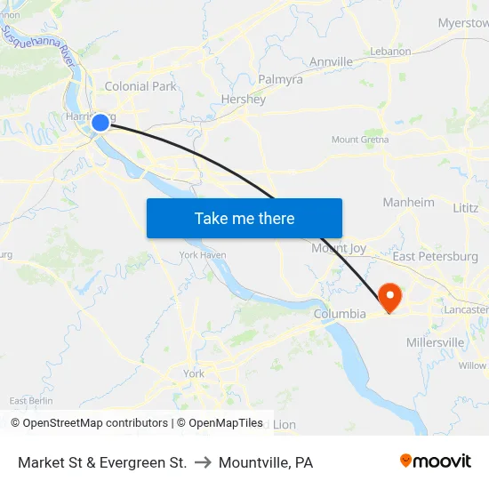 Market St & Evergreen St. to Mountville, PA map