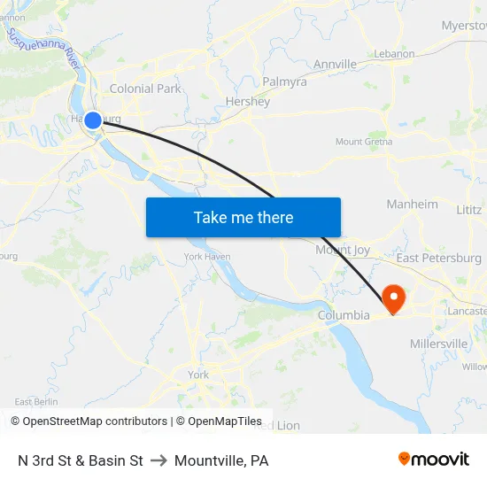N 3rd St & Basin St to Mountville, PA map