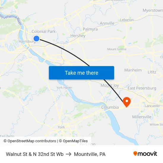Walnut St & N 32nd St Wb to Mountville, PA map