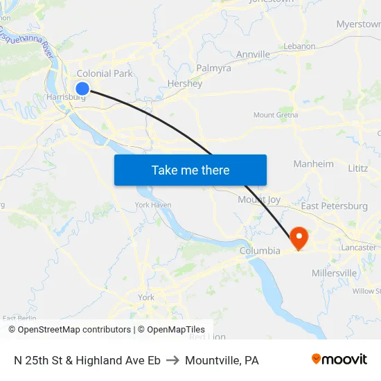 N 25th St & Highland Ave Eb to Mountville, PA map