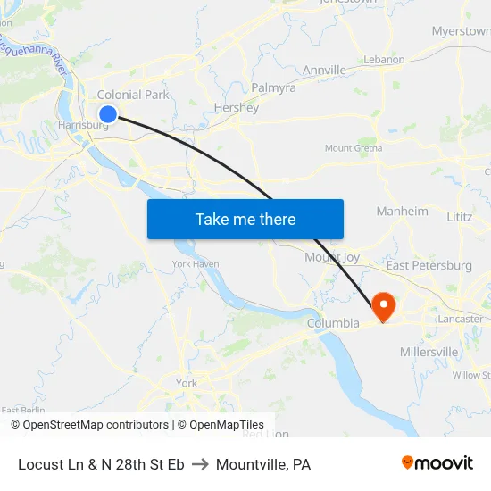 Locust Ln & N 28th St Eb to Mountville, PA map