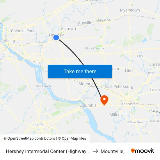 Hershey Intermodal Center (Highway Stop) to Mountville, PA map
