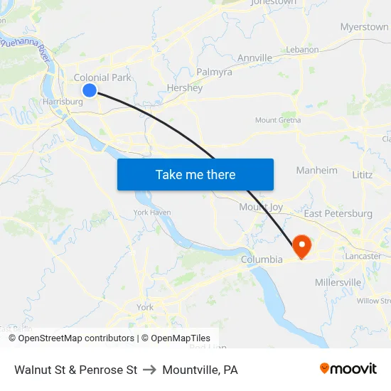 Walnut St & Penrose St to Mountville, PA map