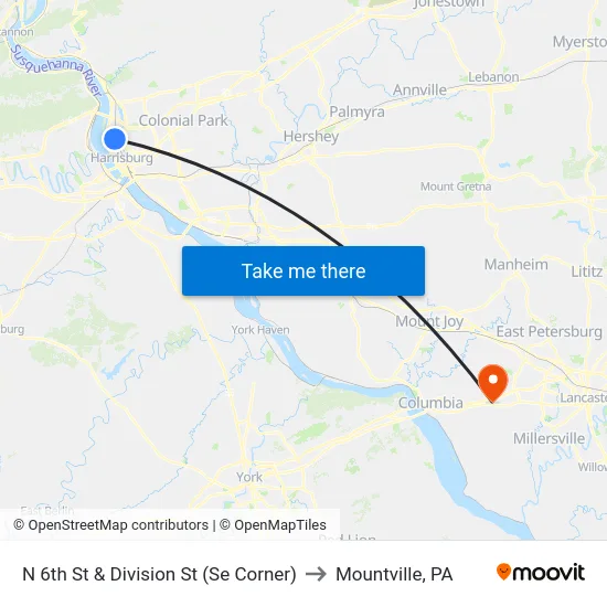 N 6th St & Division St (Se Corner) to Mountville, PA map