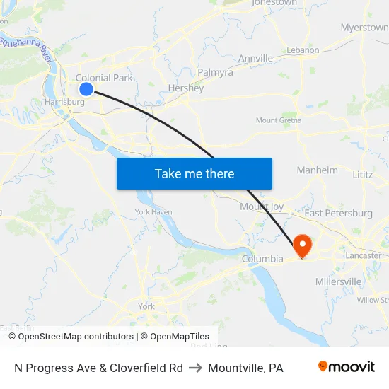 N Progress Ave & Cloverfield Rd to Mountville, PA map