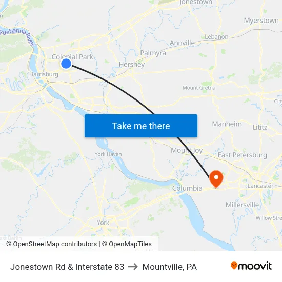 Jonestown Rd & Interstate 83 to Mountville, PA map