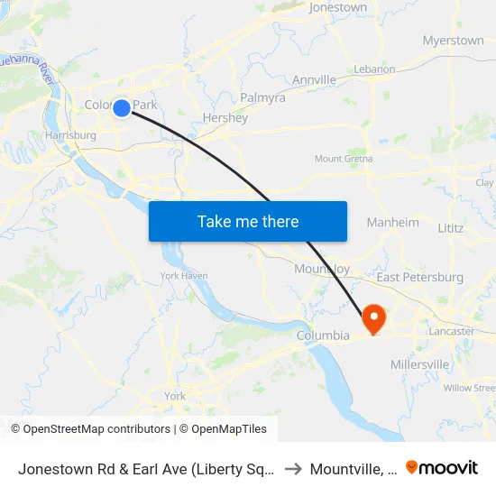 Jonestown Rd & Earl Ave (Liberty Square) to Mountville, PA map