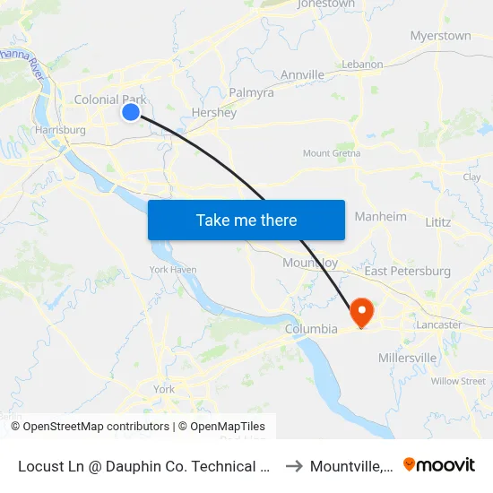 Locust Ln @ Dauphin Co. Technical School to Mountville, PA map