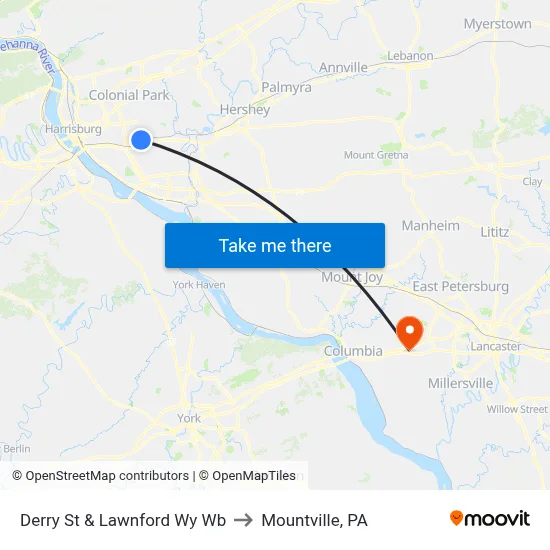 Derry St & Lawnford Wy Wb to Mountville, PA map