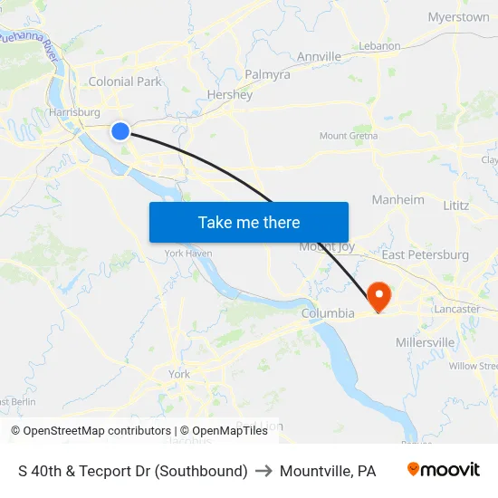 S 40th & Tecport Dr (Southbound) to Mountville, PA map