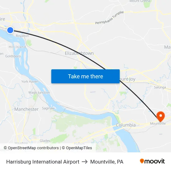 Harrisburg International Airport to Mountville, PA map