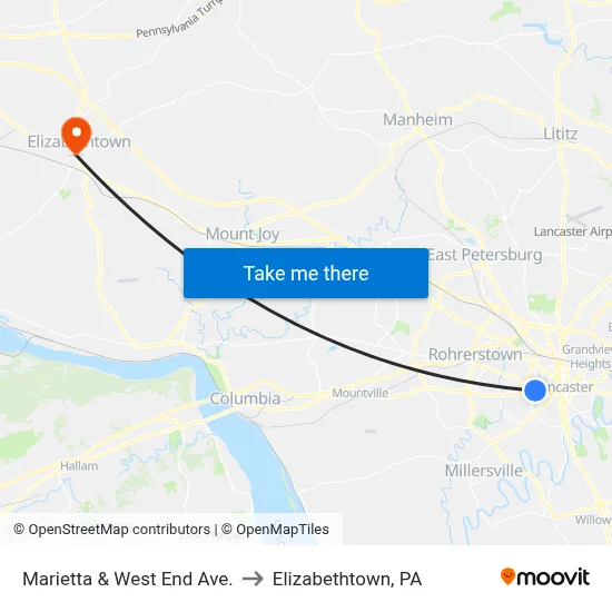 Marietta & West End Ave. to Elizabethtown, PA map